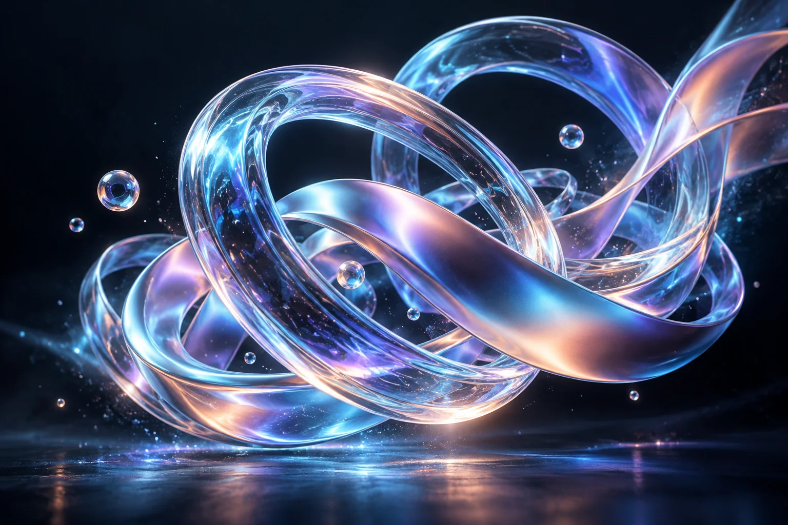 Iridescent futuristic glass ribbons floating in a dark space